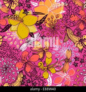 Vektor floral nahtlose Muster mit bunten Mix aus blühenden Blumen und Kräuter Stock Vektor