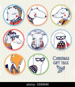 Vektor-Reihe von Weihnachten Geschenk-Tags mit lustigen Comic-Tiere Stock Vektor