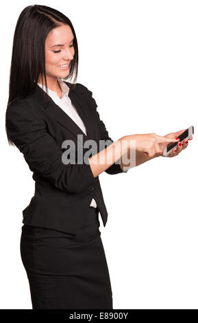 Schöne Geschäftsfrauen in Anzug mit Smartphone Stockfoto