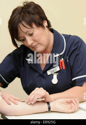 Eine Krankenschwester verwaltet einen Impfstoff mittels Injektion zu einem Patienten in einem medizinischen Zentrum im Rhondda, South Wales. Stockfoto