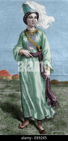 Asien. Turkemistan. Turkmenische Frau. 1860. Gravur. Farbe. Stockfoto