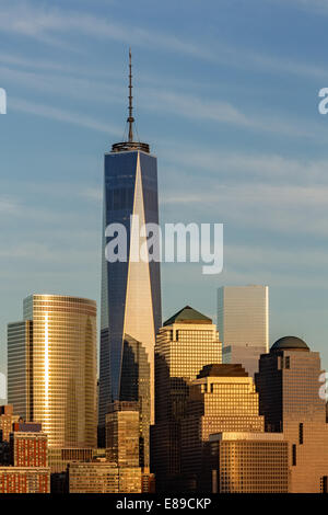Das One World Trade Center auch als Freedom Tower zusammen mit anderen New York City Skyline der Wolkenkratzer im Battery Park, New York. Stockfoto