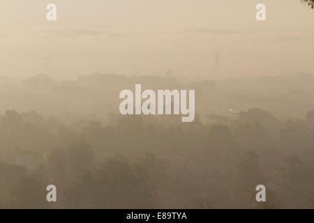 Wimbledon, London, UK. 3. Oktober 2014. Am frühen Morgennebel deckt Baumlandschaft in Wimbledon South west London bei Sonnenaufgang Credit: Amer Ghazzal/Alamy Live-Nachrichten Stockfoto