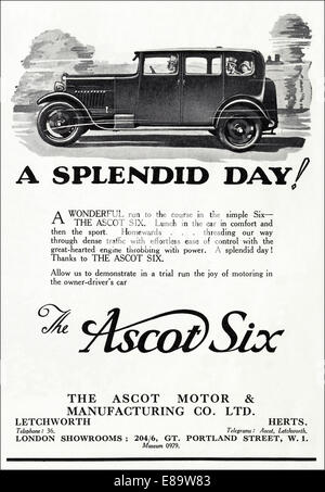 20er Jahre datiert Werbung für ASCOT sechs Motorwagen im englischen Magazin Juni 1929 Stockfoto