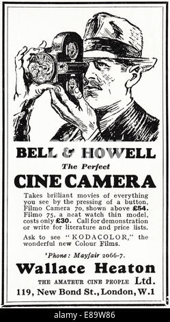 1920 Anzeige für BELL & HOWELL CINE Kamera verkauft von WALLACE HEATON der New Bond Street, London im englischen Magazin vom J Stockfoto