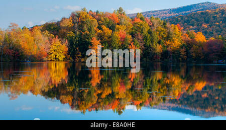 Herbstliche Bäume mit Spiegelbild im See, Sallys Teich, West Bolton, Eastern Townships, Quebec, Kanada Stockfoto