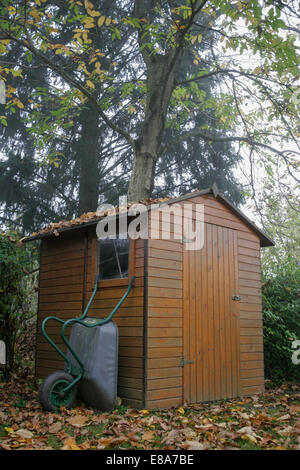 Gerätehaus aus Holz Schubkarre Herbst Stockfoto