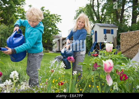 Zwei junge blonde Kinder Blumen im Garten gießen Stockfoto