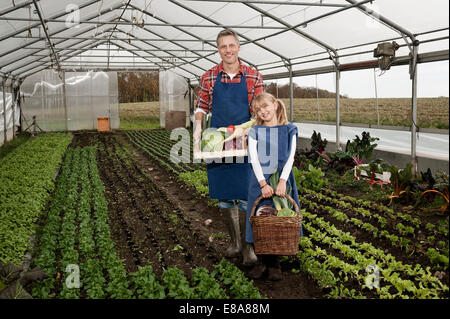 Vater und Tochter, die Ernte von Gemüse im Gewächshaus Stockfoto