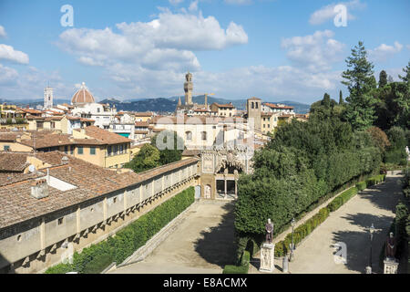 auf der Suche nach Nordosten über Florenz Firenze Dächer & eine Ecke des Boboli-Gartens aus dem Palazzo Pitti Palast in Oltrararno Stockfoto