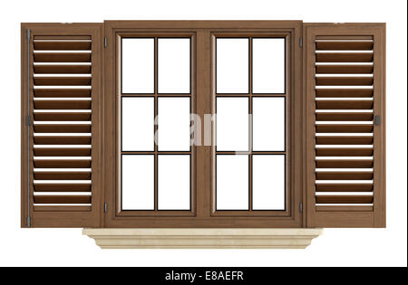 Holzfenster mit offener Blende isoliert auf weiss - Rendering Stockfoto