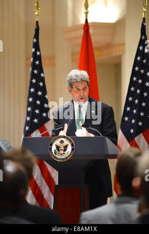 US-Außenminister John Kerry liefert Bemerkungen bei einem Empfang für die globale Allianz für klimafreundliche Landwirtschaft in New Stockfoto
