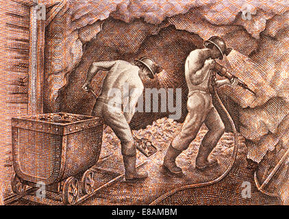 Ausschnitt aus einer peruanischen 5000 Sohlen Banknote zeigt Miner Stockfoto