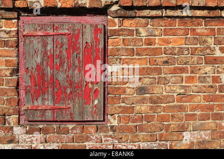 Holztür mit Abplatzungen rote Farbe und Hand gemacht Metallscharniere in die Mauer von einem traditionellen alten Wirtschaftsgebäude eingestellt Stockfoto