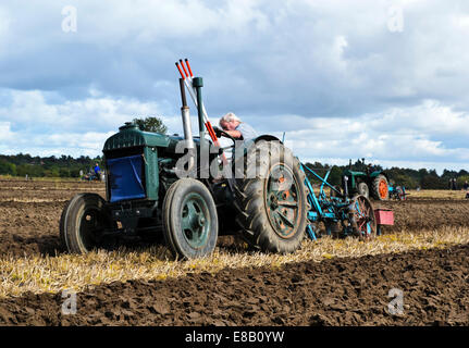 Vintage Fordson-Traktor beim Pflügen Spiel Cheshire / Wettbewerb Stockfoto