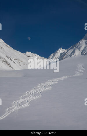 Ein zunehmender Mond über Helikopter Skifahrer Spuren auf einem hoch gelegenen Gletscher in den Adamant Bergen der Provinz British Columbia. Stockfoto