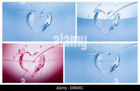 Eine Collage aus drei blaue Herz aus Wasser und ein dunkles Rosa auf weiß. Stockfoto