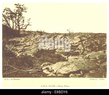 Eine Illustration von Stoddard aus dem Jahr 1892 über einen Lavastrom in der Nähe von Hilo, Hawaii. Das Bild zeigt die dramatische Vulkanlandschaft und die Auswirkungen der vulkanischen Aktivität in der Region während des späten 19. Jahrhunderts. Stockfoto