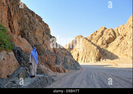 Halbinsel Sinai Wüste Strecke zwischen Bergen mit Beduinen Mann im traditionellen Thawb Gewand und Kufeya Kopf Geschirr Stockfoto