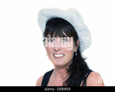 Frau mit weißen Hut Blick in die Kamera Lächeln der 50er Jahre. Stockfoto