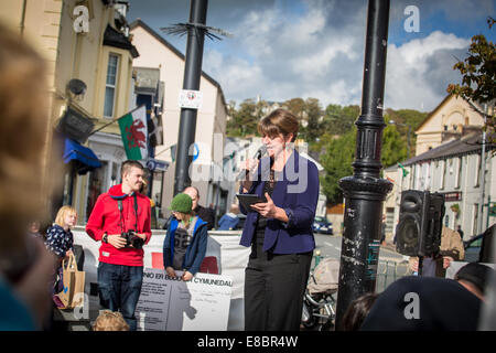 Pwllheli, Wales, UK. 4. Oktober 2014. Plaid Cymru – der Führer der Partei von Wales LEANNE WOOD AM richten Welsh Language Society (Cymdeithas Jahr Iaith Gymraeg)-Rallye, die lokalen Behörden aufgefordert, und Waliser Regierung Planung Maßnahmen ergreifen, die lokalen profitieren würden. Sie eine Kundgebung und Protestmarsch am Pwllheli, North Wales, zur Sensibilisierung für ihre Kampagne gegen aktuelle Planungsmaßnahmen, die so argumentieren wäre schädlich für die Nachhaltigkeit der walisischen Sprachgemeinschaften. Bildnachweis: Rhys Llwyd/Alamy Live-Nachrichten Stockfoto