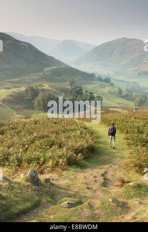 Walker auf Hallin fiel im Herbst im englischen Lake District, mit Martindale, Beda Kopf und der Nab jenseits Stockfoto