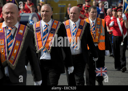 Mitglieder des protestantischen Oranier-Orden, die durch Edinburgh marschieren um Unterstützung für ein Nein in der bevorstehenden Volksabstimmung zu zeigen. Stockfoto