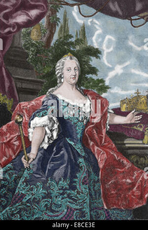 Maria Theresa von Österreich, 1717-1780, souveränen von Österreich und Königin von Ungarn und Böhmen. Gravur. Farbe. Stockfoto