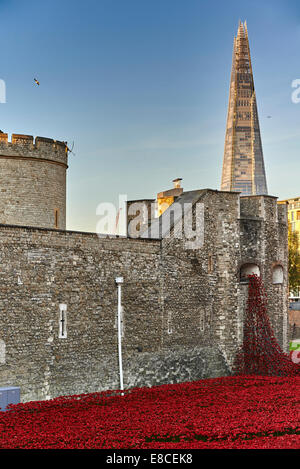 Tower of London Mohn im Burggraben HRP-Tower London-WW1-LogoFrom 5. August 2014, 11. November 2018 Stockfoto