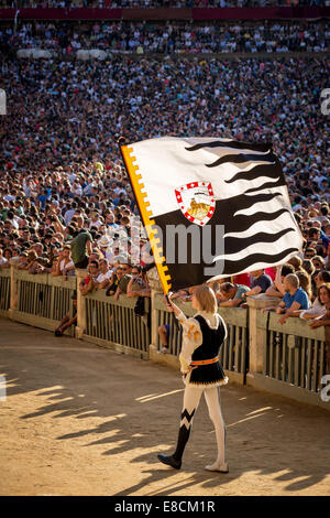 Mann trägt eine Flagge von Lupa (Wölfin) Contrade, historischer Festzug vor das Pferderennen Palio di Siena, Siena, Italien Stockfoto