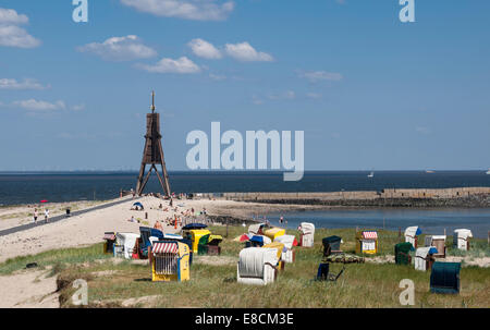 Die Kugelbake (Ball Beacon) historische Navigationshilfe in Cuxhaven, Deutschland, befindet sich am nördlichsten Punkt von Niedersachsen. Stockfoto