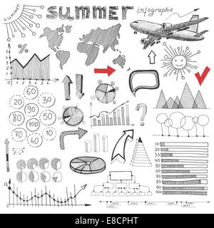 Sommer-Infografik, große Reihe von Skizze Zeichnungselemente info Stockfoto