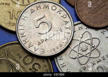 Münzen aus Griechenland. Alte griechische fünf Drachme Münze. Stockfoto