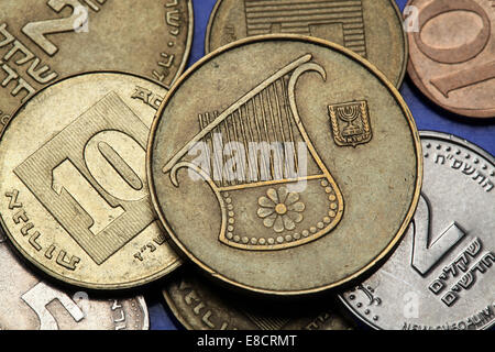 Münzen von Israel. Lyra dargestellt in der israelischen halb neue Schekel-Münze. Stockfoto