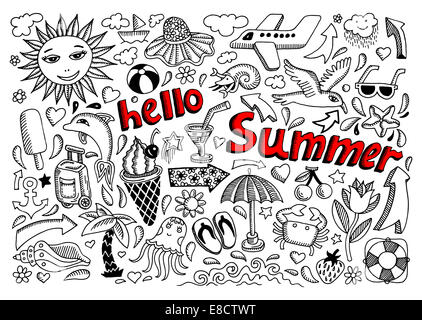 Satz von Skizze Design Element Sommer-Thema mit Schriftzug Hallo S Stockfoto