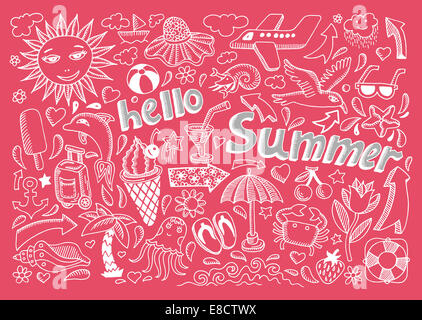 Satz von Skizze Design Element Sommer-Thema mit Schriftzug Hallo S Stockfoto