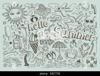 Satz von Skizze Design Element Sommer-Thema mit Schriftzug Hallo S Stockfoto