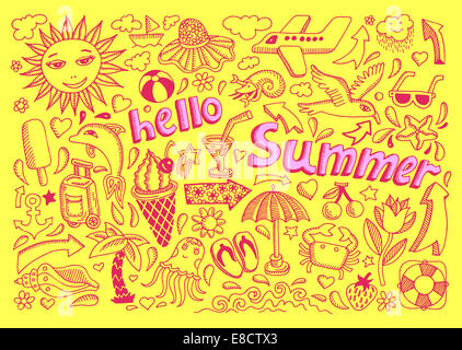 Satz von Skizze Design Element Sommer-Thema mit Schriftzug Hallo S Stockfoto