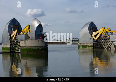 Woolwich, London, UK. 5. Oktober 2014. Die Thames Barrier Betriebsferien und 30. Jahrestag seit der Eröffnung am 8. Mai 1984. Schließung von allen Schranken begann um 03:40 und waren völlig um 11:00 geschlossen. Die Tore wurden leicht erhöht auf 11:15, um die Underspill zu ermöglichen und nach und nach öffneten sich am 13.05. über eine halbe Stunde. Verwaltet von der Umweltagentur und dauert 10 Jahre zu konstruieren, steuert es Hochwasser und Surge Gezeiten aus der Themse-Mündung der Londoner Innenstadt und anderen Bereichen stromaufwärts Hochwasser zu verhindern. Bildnachweis: Emma Durnford/Alamy Live-Nachrichten Stockfoto