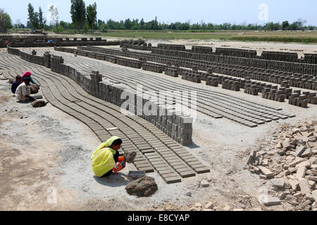 weibliche Ziegelei Arbeiter Form Ziegel auf ein Feld der Patoki Ziegelei in der Nähe von Lahore, Pakistan Stockfoto