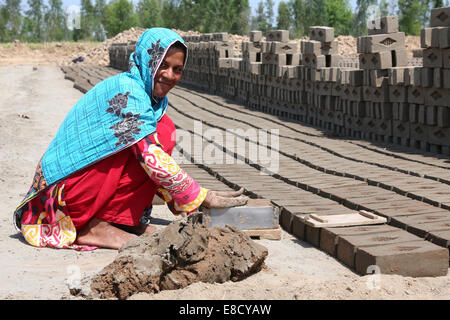 weibliche Ziegelei Arbeiter (20 Jahre) Form Ziegel auf ein Feld der Patoki Ziegelei in der Nähe von Lahore, Pakistan Stockfoto