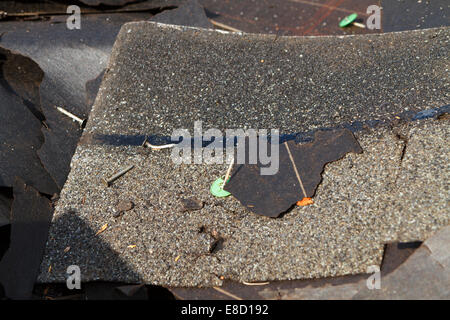 Flache Schärfentiefe, Haufen Nahaufnahme von einem Papierkorb der alten Asphalt Dach Schindeln & Teer Papier während Dach Ersatz entfernt Stockfoto