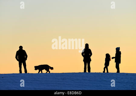 Familie mit Hund, Silhouette im Licht der untergehenden Sonne, Horben, Kanton Aargau, Schweiz Stockfoto