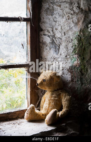 Fadenscheinig One Eyed Teddybär auf einem alten Fenstersims Stockfoto