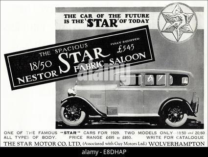 1920er Jahre datiert Werbung für Autos durch die STAR MOTOR CO LTD aus Wolverhampton im englischen Magazin Juni 1929 Stockfoto