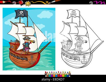 Coloring Book oder Seite Cartoon Illustration von Schwarz und weiß Piratenkapitän mit Spyglass und Schiff mit Jolly Roger Flagge Stockfoto