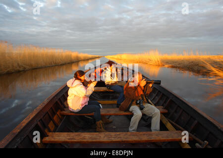 Familie von Fotografen, die ein Boot Ausflug am Kasari River, Matsalu Nationalpark, Estland Stockfoto