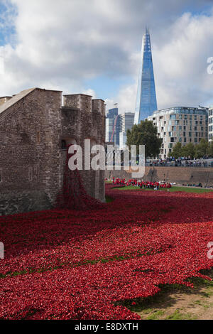 Blut Mehrfrequenzdarstellung Länder und Meere rot - Keramik Mohnblumen in den Wassergraben des Tower of London gepflanzt. London, England, Vereinigtes Königreich Stockfoto