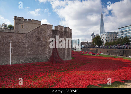 Blut Mehrfrequenzdarstellung Länder und Meere rot - Keramik Mohnblumen in den Wassergraben des Tower of London gepflanzt. London, England, Vereinigtes Königreich Stockfoto