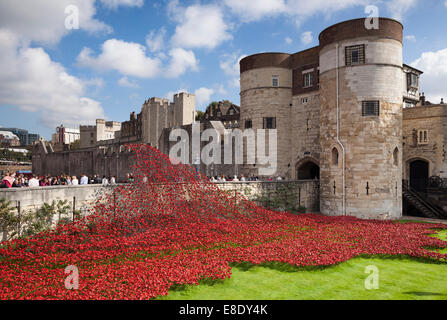 Blut Mehrfrequenzdarstellung Länder und Meere rot - Keramik Mohnblumen in den Wassergraben des Tower of London gepflanzt. London, England, Vereinigtes Königreich Stockfoto
